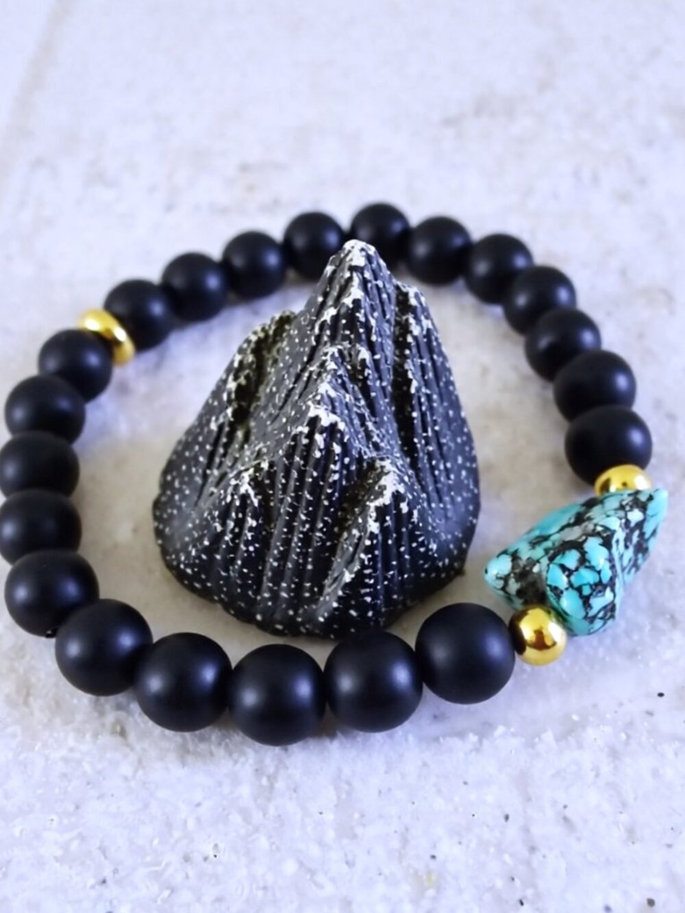 Matte Black Stone & Turquoise Magnesite Bead Bracelet | 7 Inch Wrist | Handmade